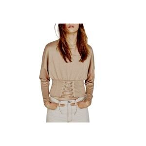 NWT Zara W & B Collection Tan Long Drop Sleeve Front Corset Lace Up Waist Top M